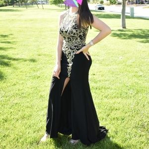 Black and gold appliqué Prom Dress / Evening Gown